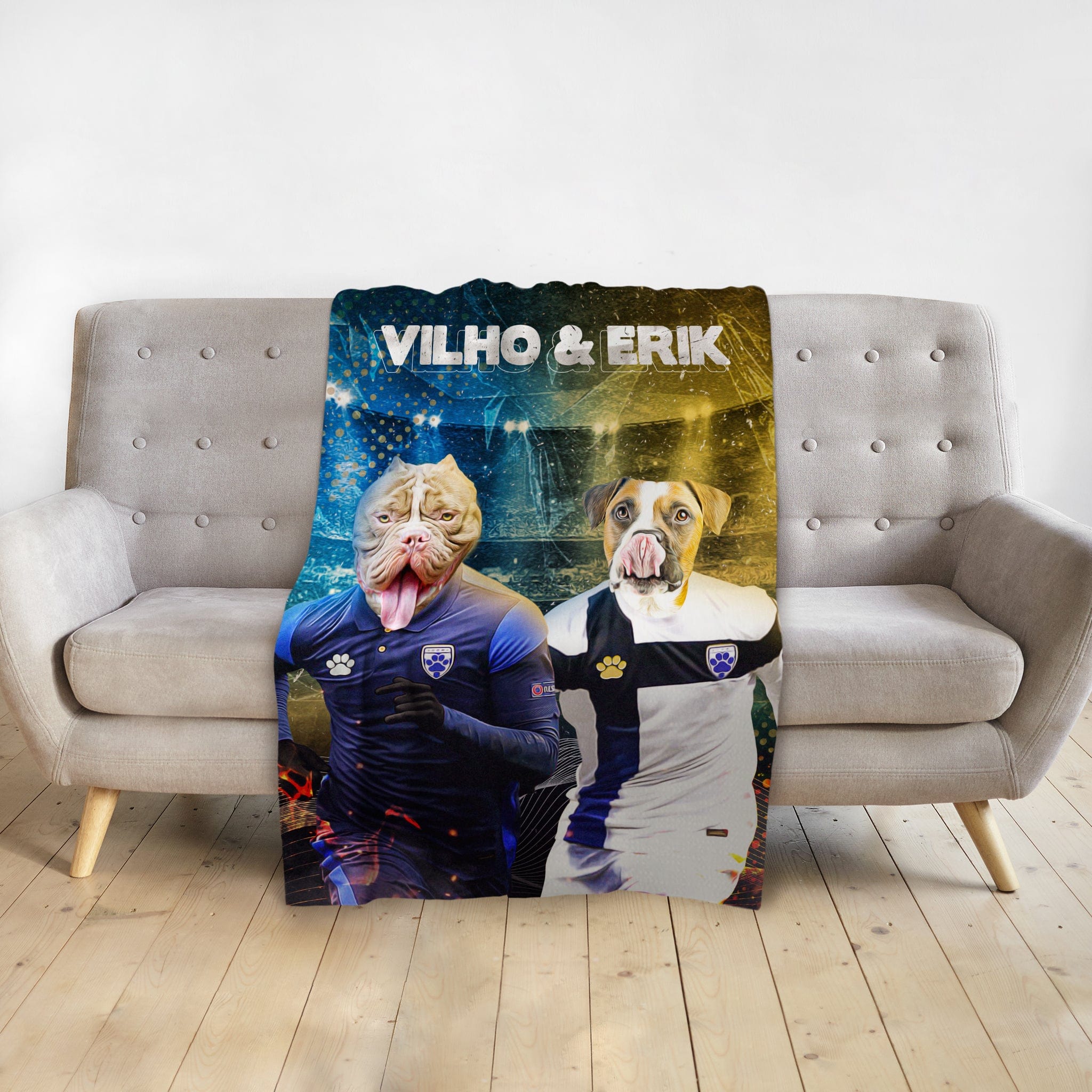 Personalized pet blanket with two dogs in soccer uniforms, "Vilho & Erik" text.