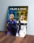Personalized 'Finland Doggos' canvas featuring two pets as soccer players in blue and black/white jerseys.