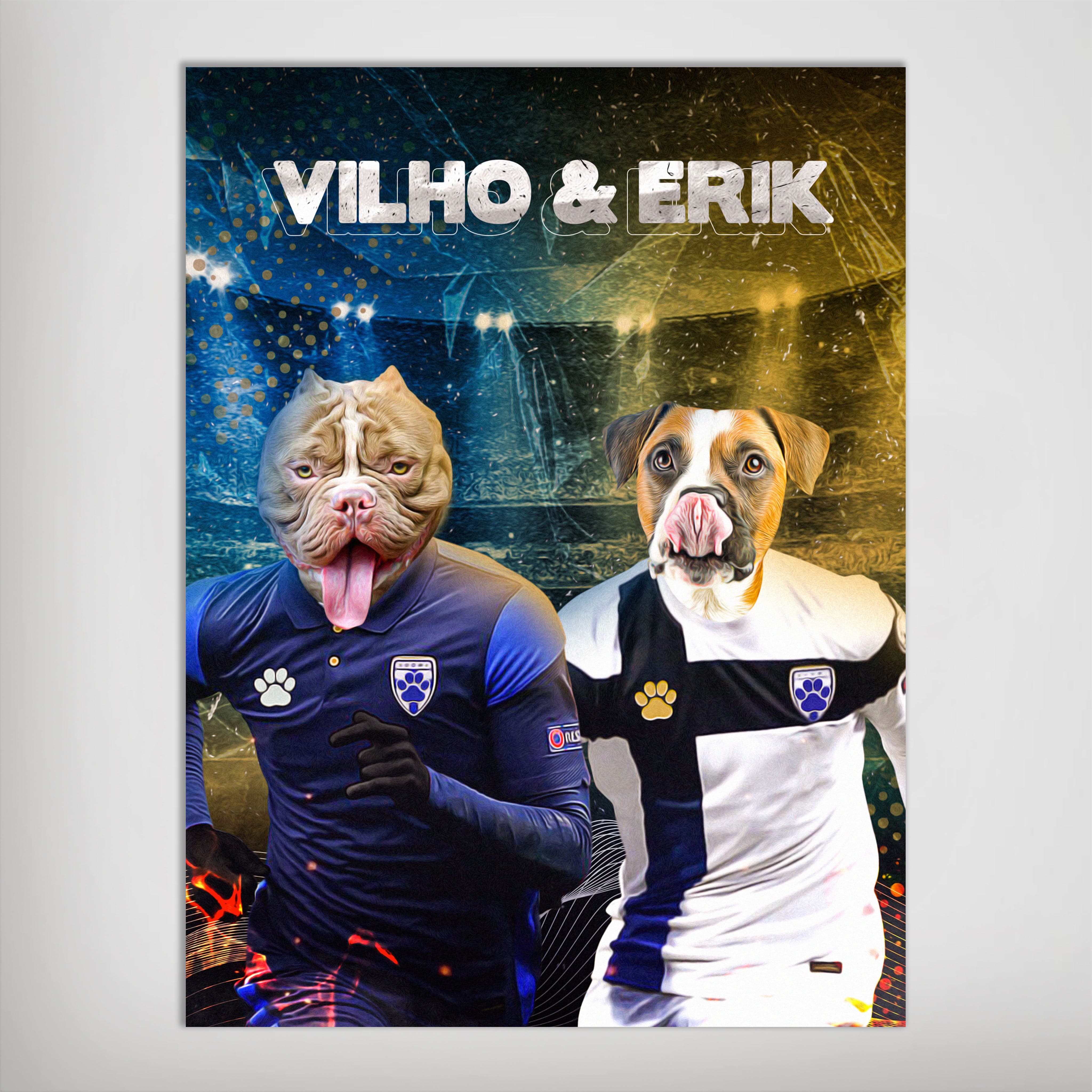 Personalized "Finland Doggos" poster featuring two pets with dog heads on soccer player bodies.