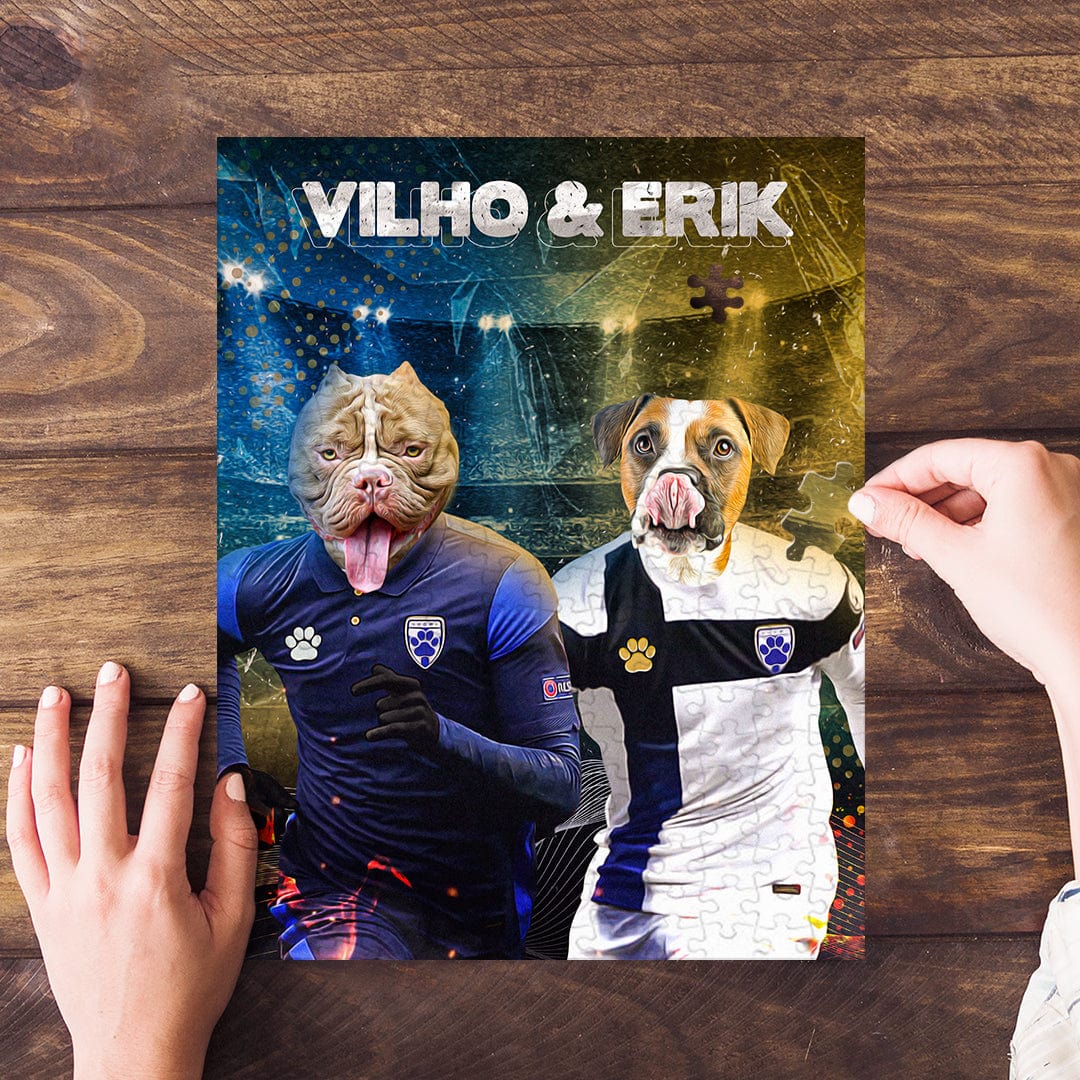 Custom personalized pet portrait puzzle featuring two dogs in soccer uniforms.