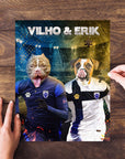 Custom personalized pet portrait puzzle featuring two dogs in soccer uniforms.