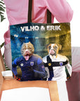 Personalized 2-pet dog portrait tote bag with "Vilho & Erik" on a soccer field background.