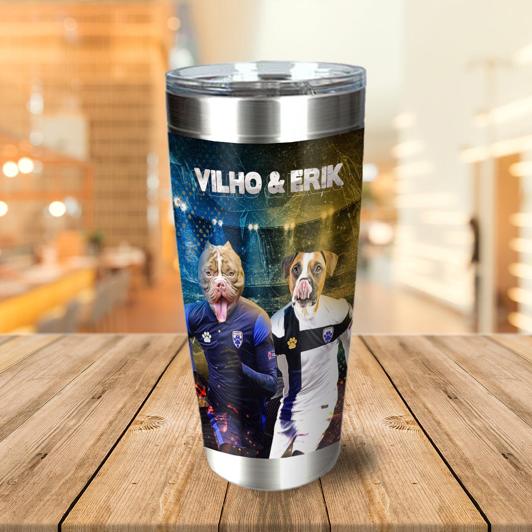 Personalized stainless steel tumbler with two dogs in soccer uniforms, "VILHO & ERIK" text.