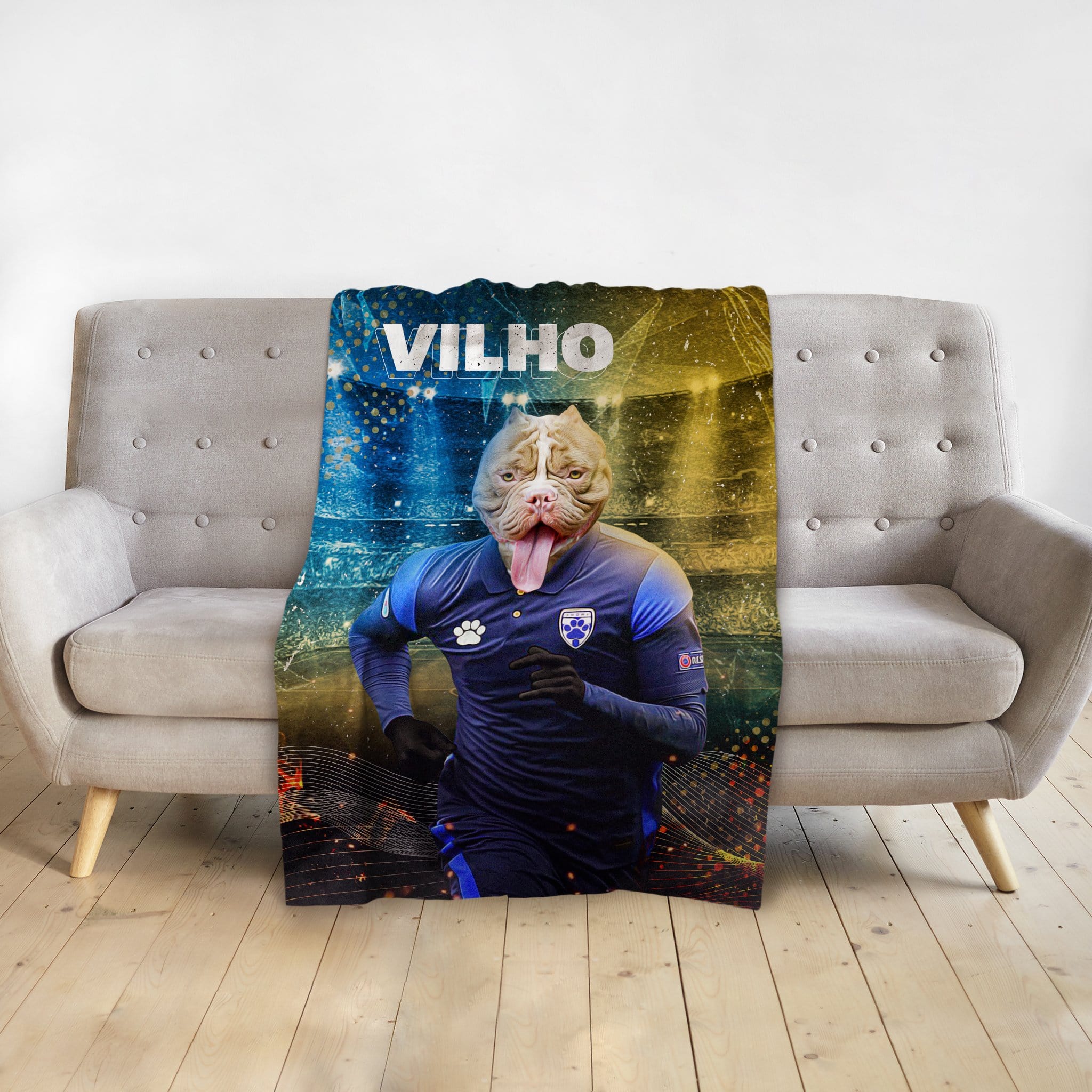 Personalized pet blanket with a pit bull's head on a soccer player's body, "VILHO" text, blue and yellow background.