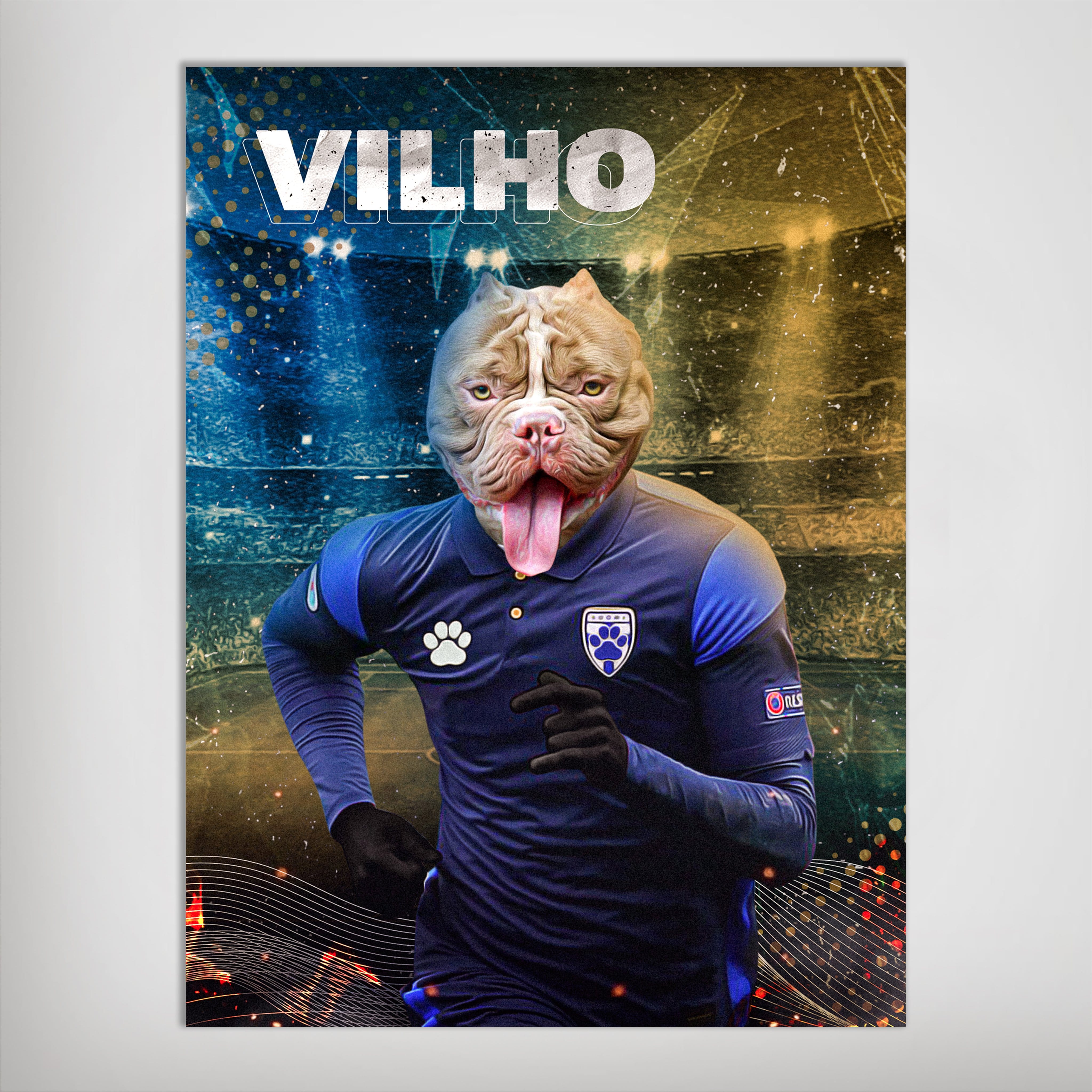 Personalized pet poster featuring a bulldog's head on a soccer player in a blue uniform, running on a field.