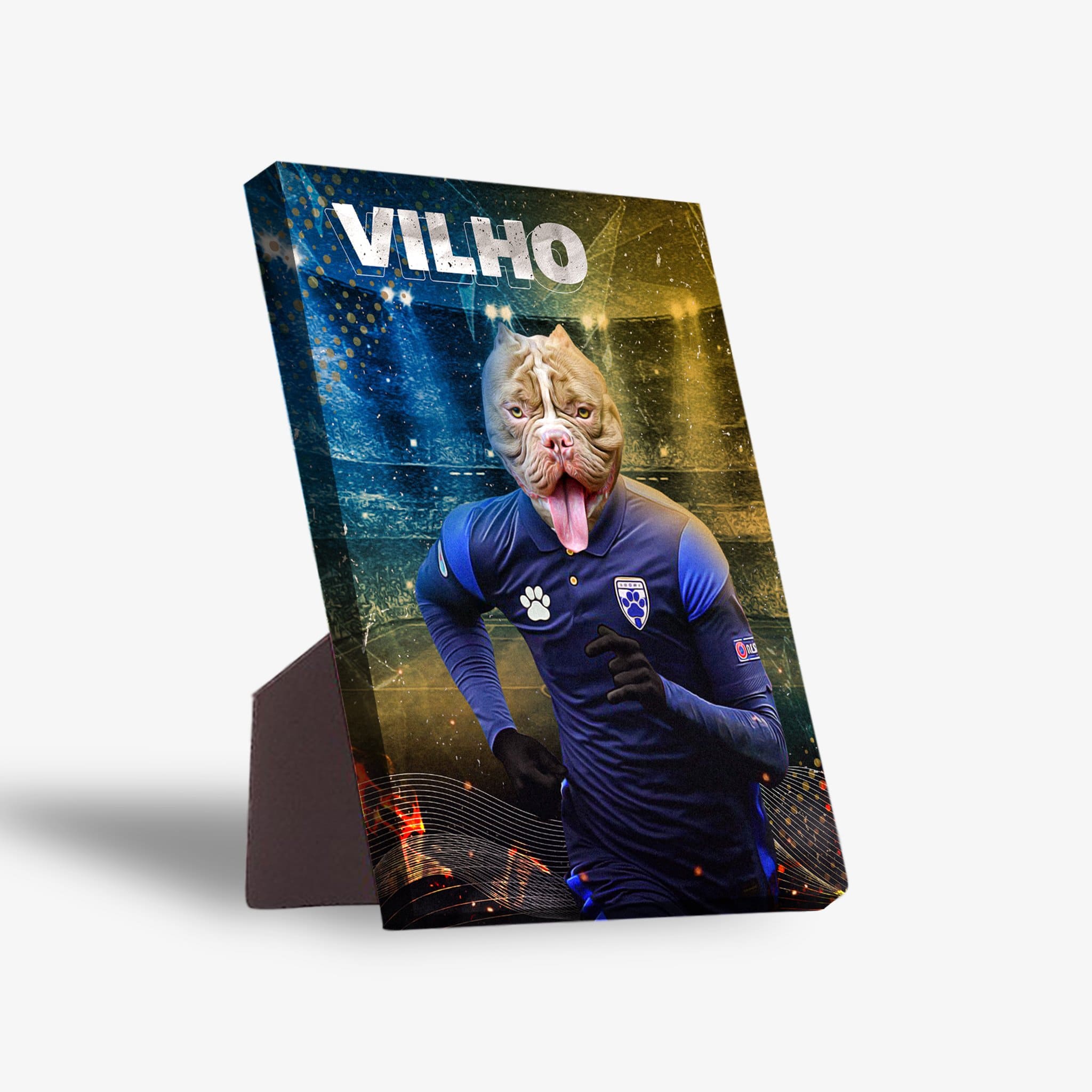 Personalized pet standing canvas featuring a pit bull's head on a soccer player's body in a blue jersey, with "VILHO" text.