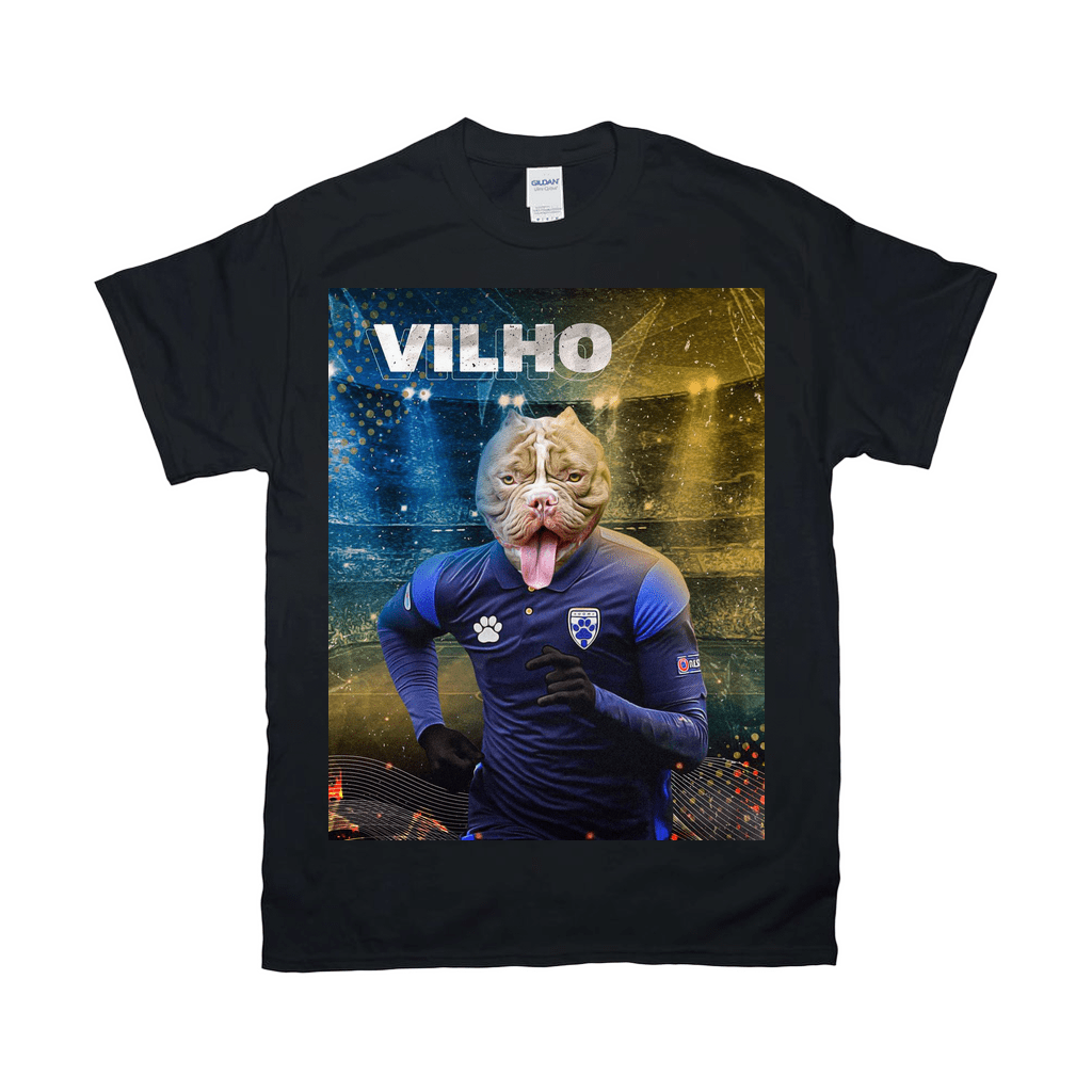 Black Gildan t-shirt with a personalized design of a pit bull dog in a blue soccer uniform.