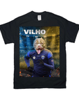 Black Gildan t-shirt with a personalized design of a pit bull dog in a blue soccer uniform.