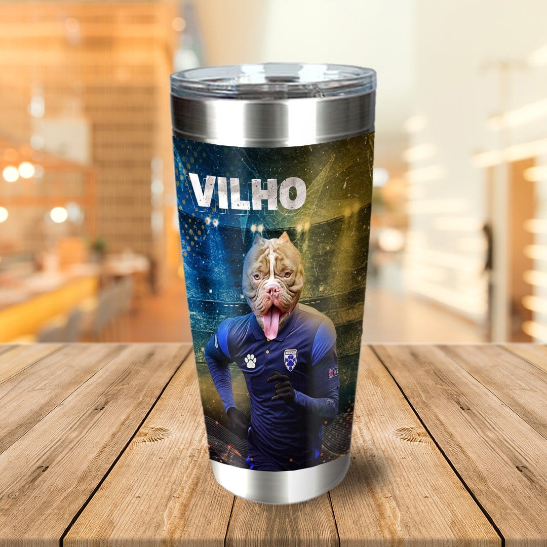 Personalized stainless steel tumbler with a custom pet dog portrait in a soccer uniform.