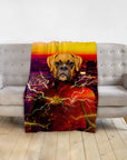 Custom personalized pet blanket with a Boxer dog portrait as The Flash, draped over a gray couch.