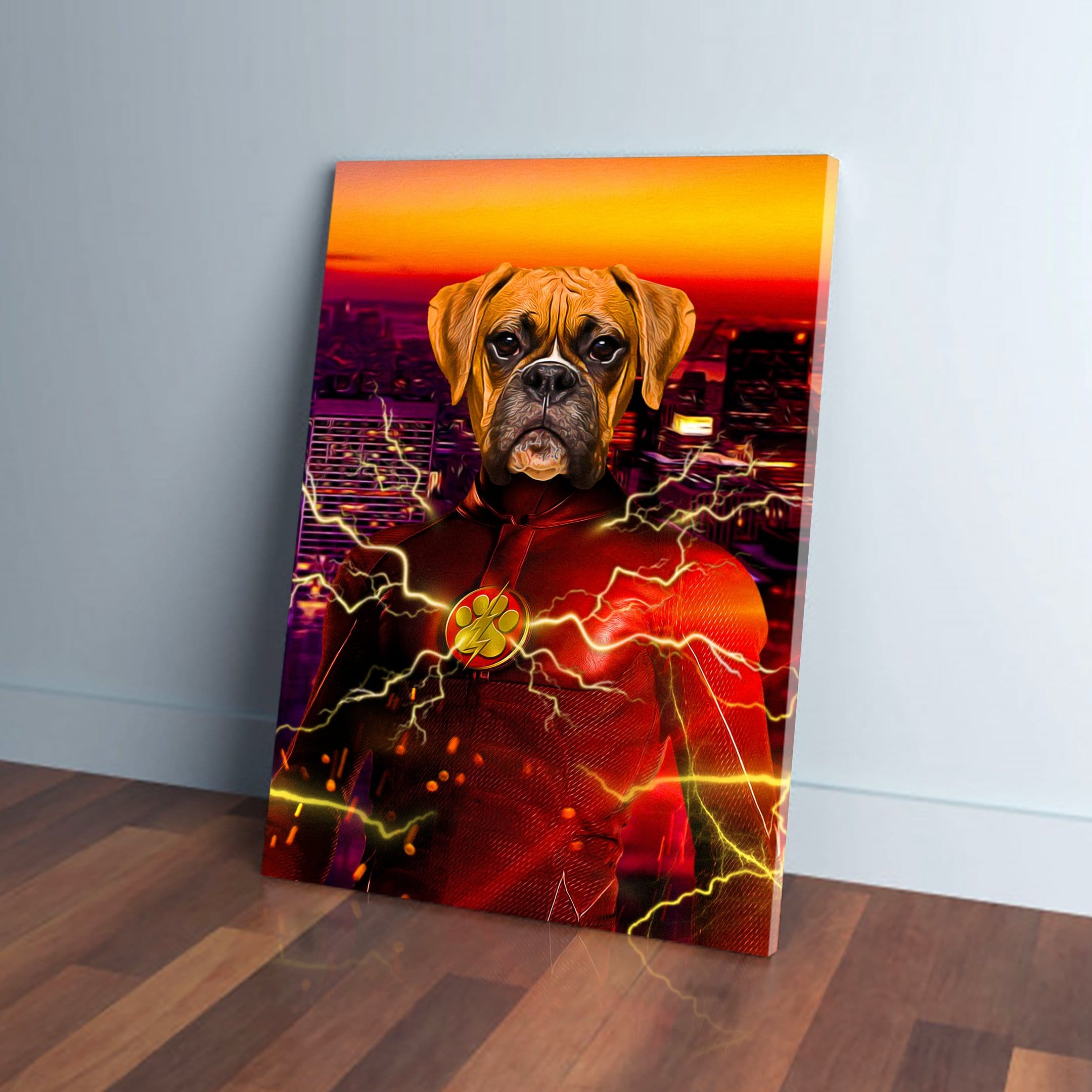 Personalized 'Flash Doggo' canvas featuring a boxer dog in a red superhero suit with lightning, against a city sunset.