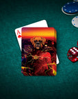 Custom personalized playing card featuring a Boxer dog in a superhero "Flash" costume against a city skyline.