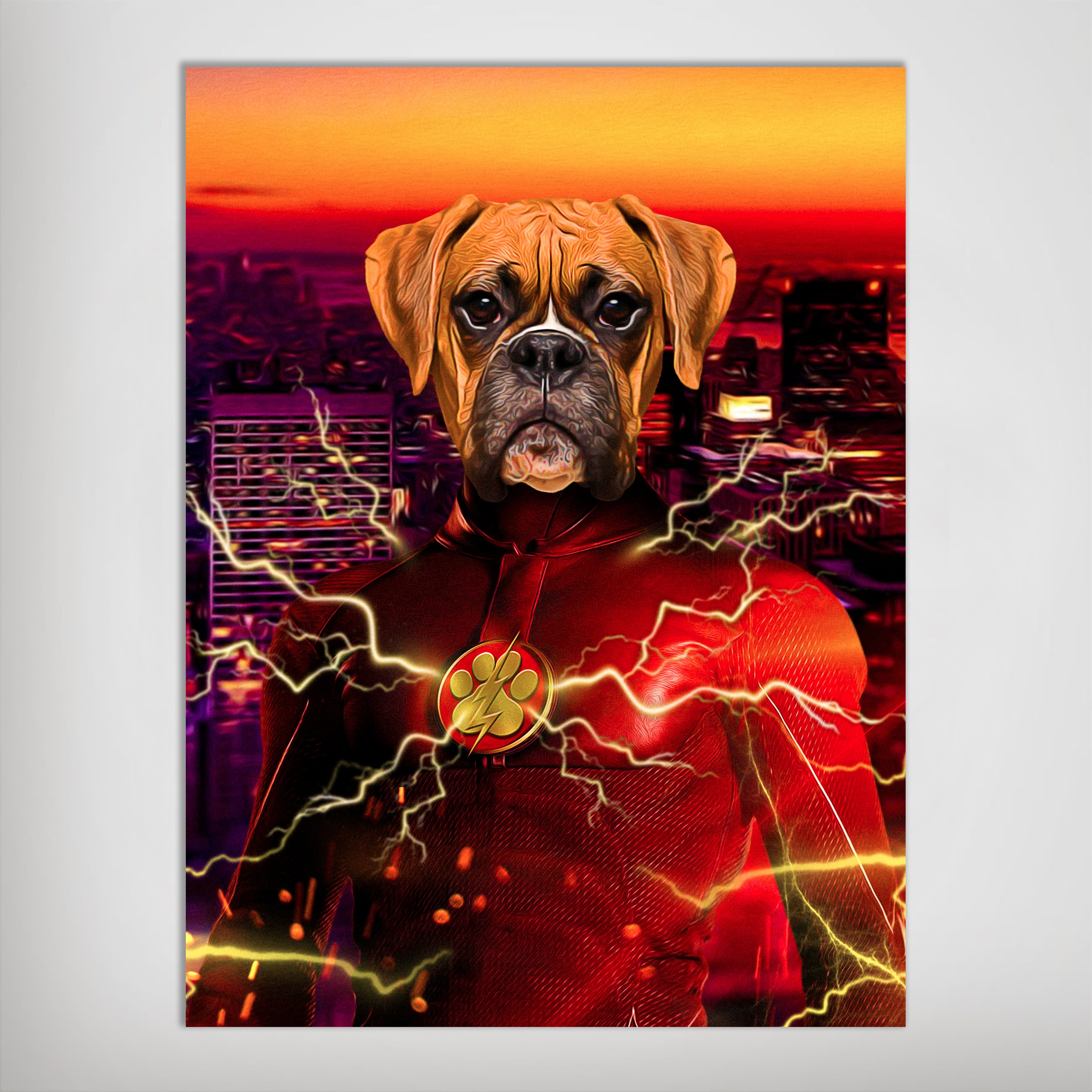 Personalized Flash Doggo pet poster featuring a boxer dog in a red superhero suit with lightning.