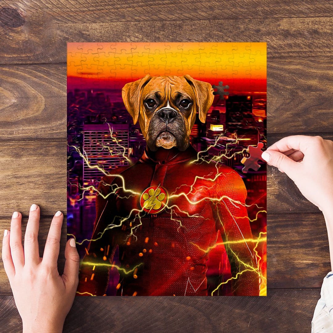 Personalized 'Flash Doggo' pet puzzle featuring a boxer dog in a superhero suit with lightning.