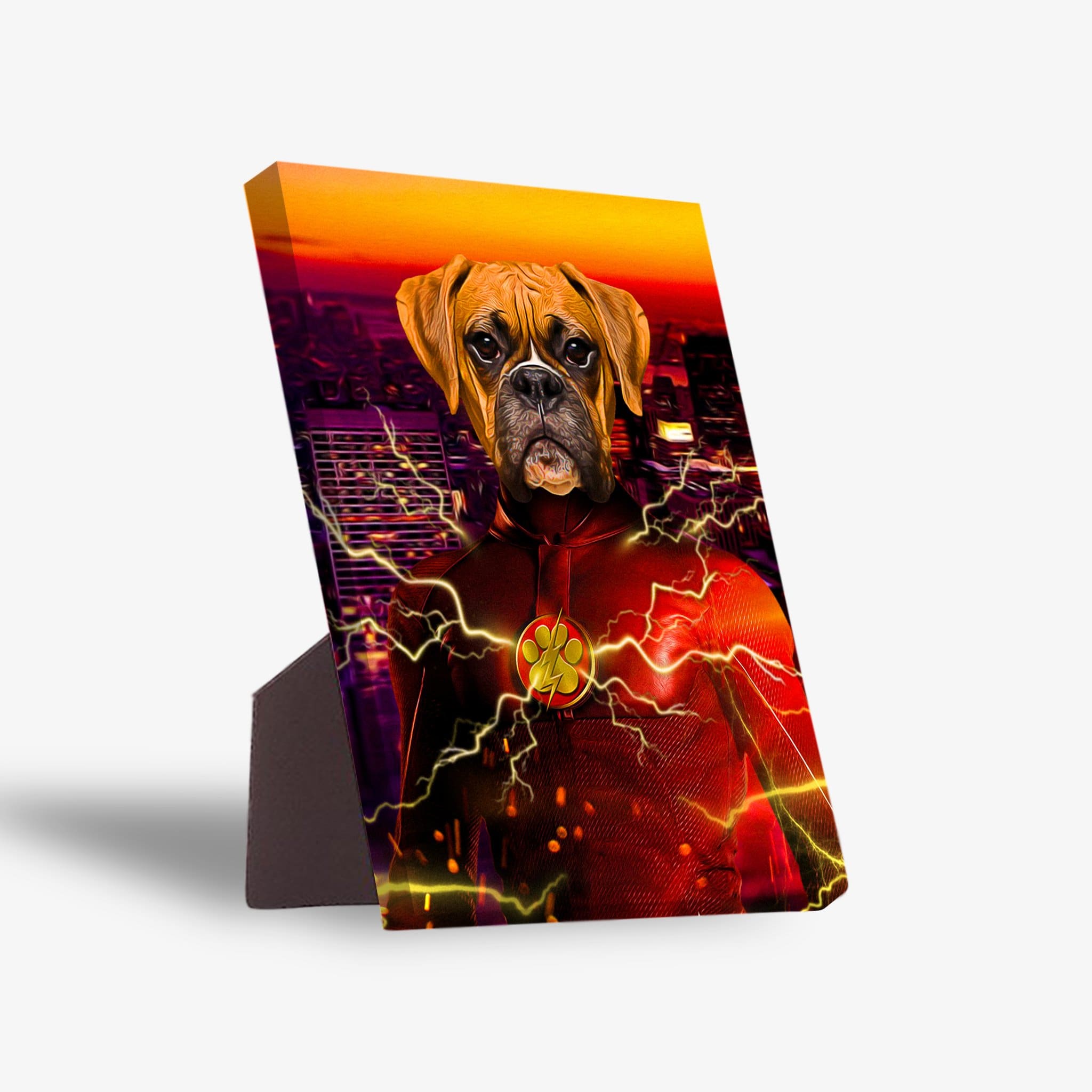 Personalized 'Flash Doggo' standing canvas featuring a boxer dog in a red superhero suit with lightning.