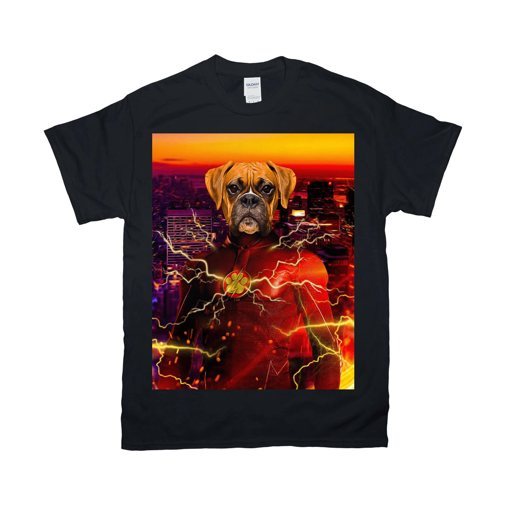 Black Gildan t-shirt with a personalized Flash Doggo design featuring a boxer dog in a red superhero suit.