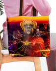 Personalized tote bag with a custom Flash Doggo boxer pet portrait against a city skyline.