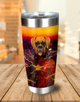 Personalized stainless steel tumbler with a boxer dog in a red superhero suit with lightning, city skyline background.