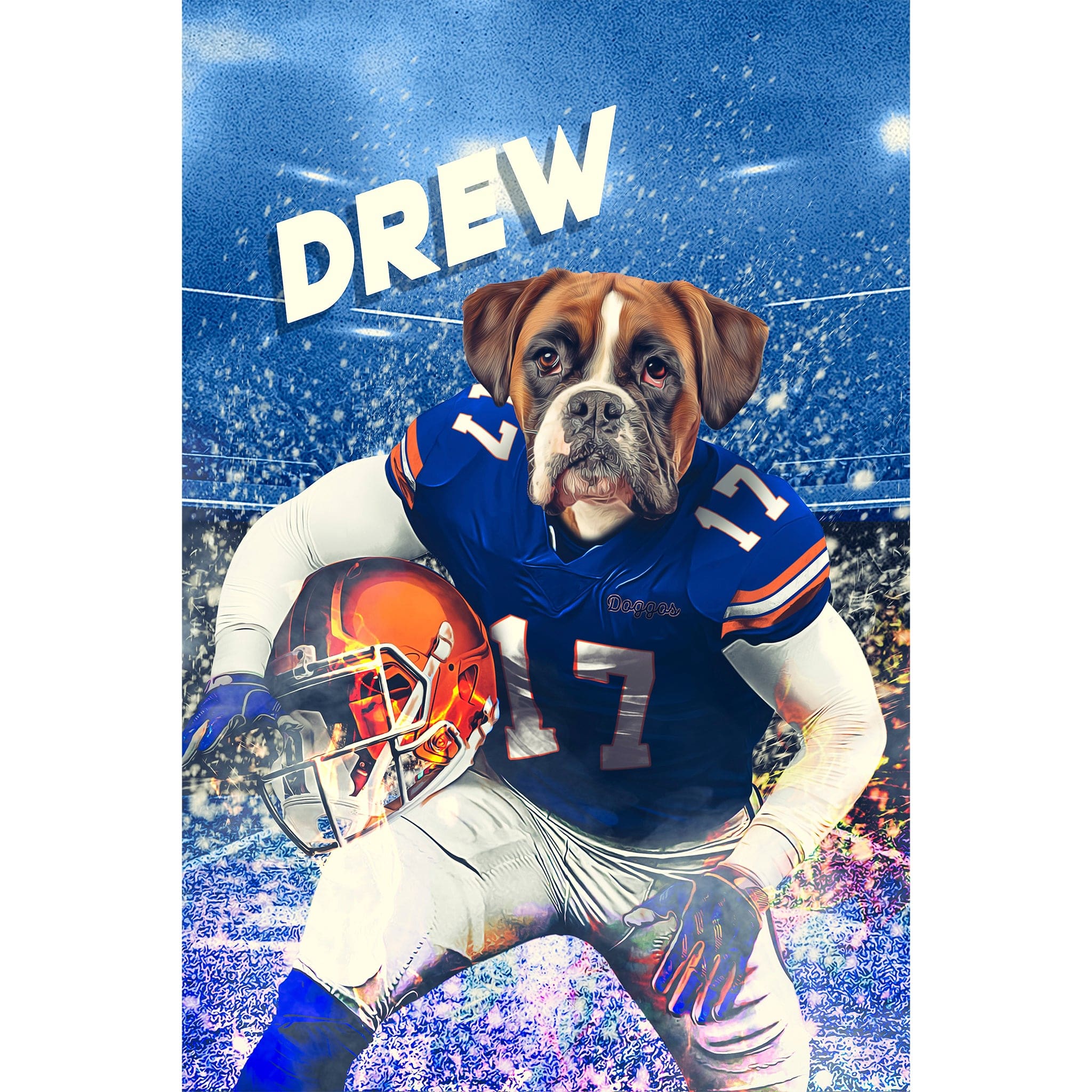 Personalized digital portrait of a boxer dog in a blue football uniform with "DREW" above.