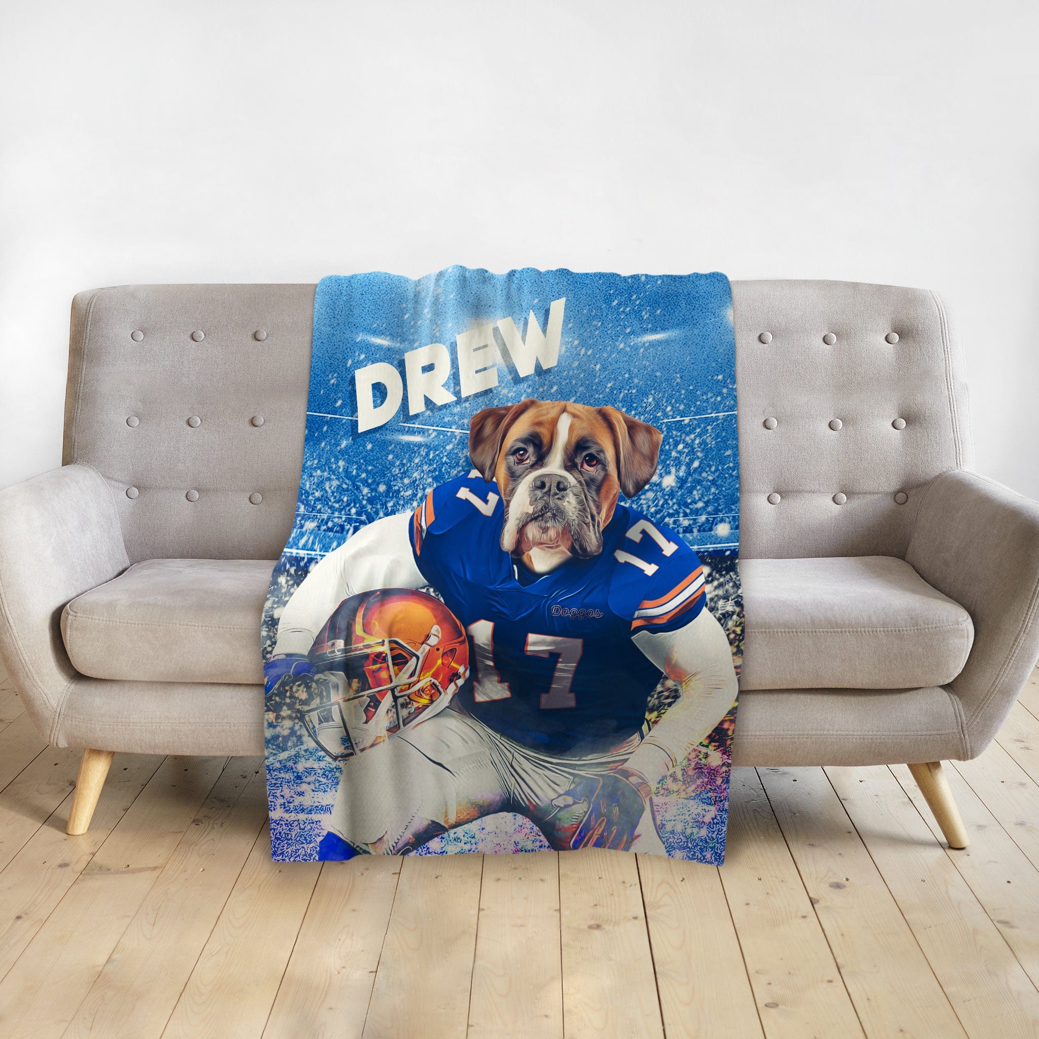 Custom personalized pet blanket with a boxer dog in a blue college football uniform, holding a helmet.