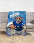 Custom personalized pet blanket with a boxer dog in a blue college football uniform, holding a helmet.
