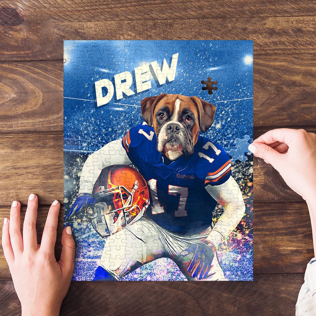 Personalized pet puzzle featuring a boxer dog in a blue football uniform, holding a helmet.