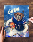 Personalized pet puzzle featuring a boxer dog in a blue football uniform, holding a helmet.