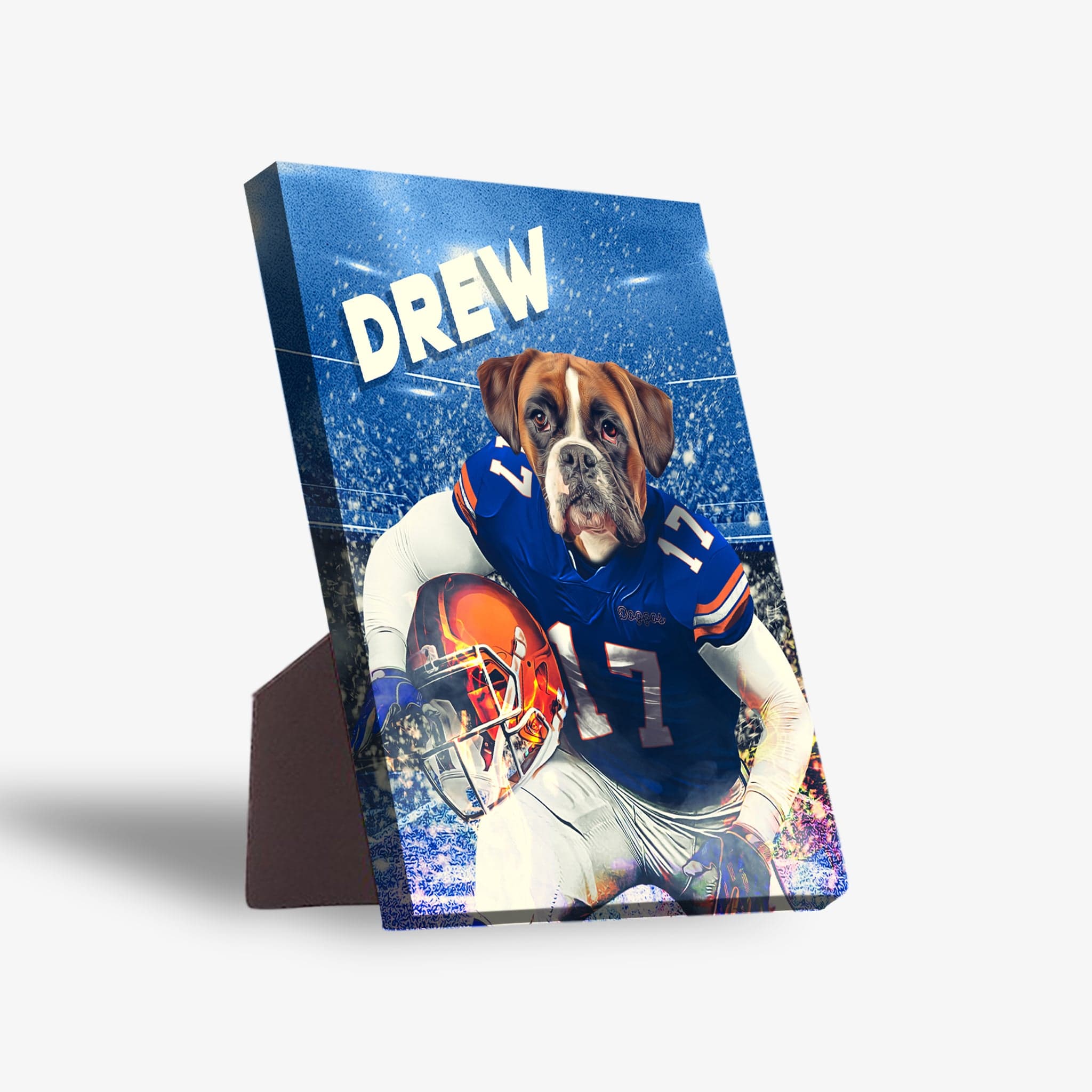 Personalized pet canvas featuring a boxer dog in a blue Florida Gators football uniform, holding a helmet, with "DREW" above.
