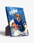 Personalized pet canvas featuring a boxer dog in a blue Florida Gators football uniform, holding a helmet, with "DREW" above.