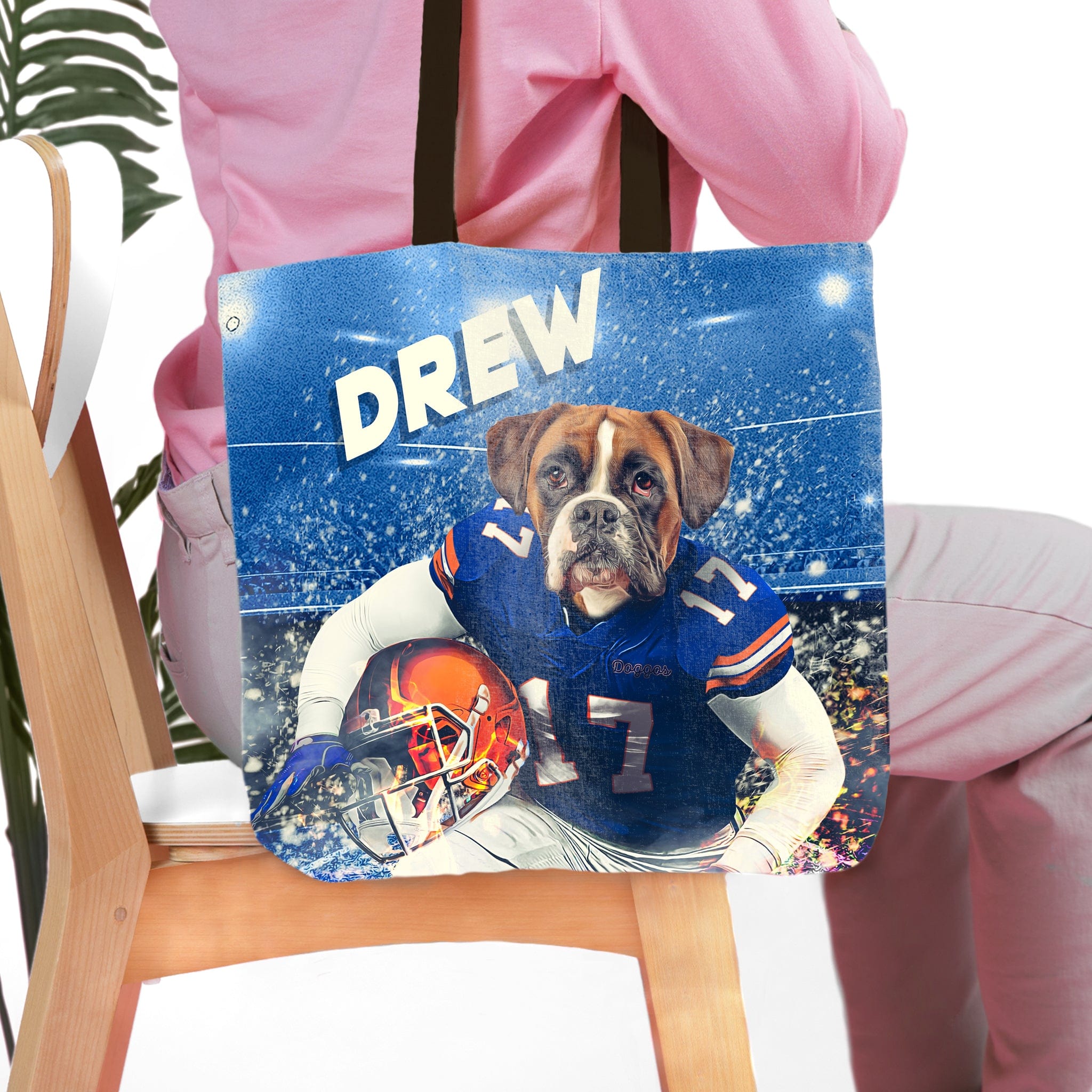 Personalized Florida Gators Doggos tote bag with a custom boxer dog portrait in a football uniform.