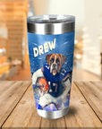 Personalized stainless steel tumbler with a boxer dog in a blue football uniform, helmet, and "DREW" text.