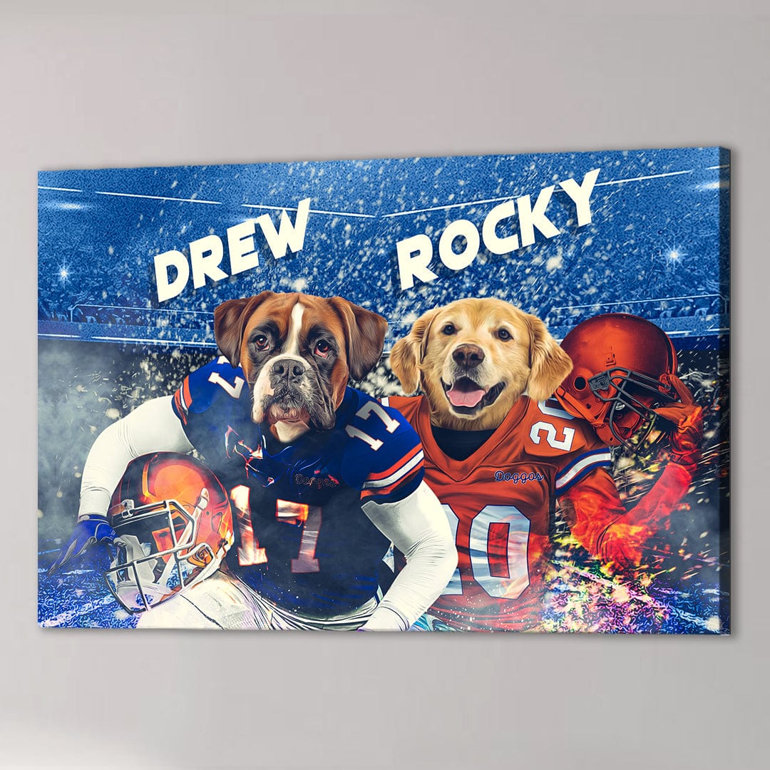 Personalized Florida Gators canvas featuring two pets as football players in blue and orange jerseys.