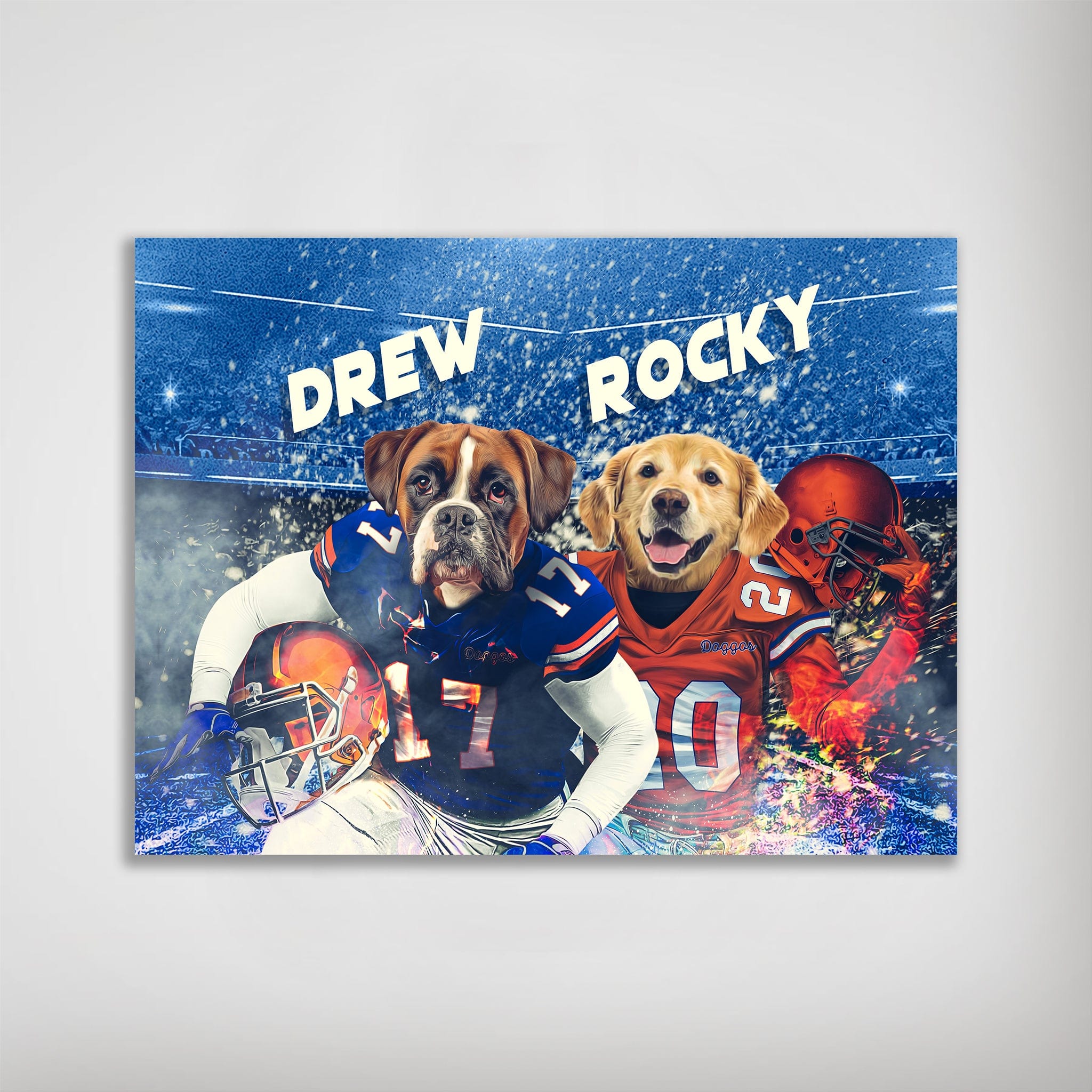 Personalized Florida Gators Doggos poster featuring a boxer and golden retriever in football jerseys.