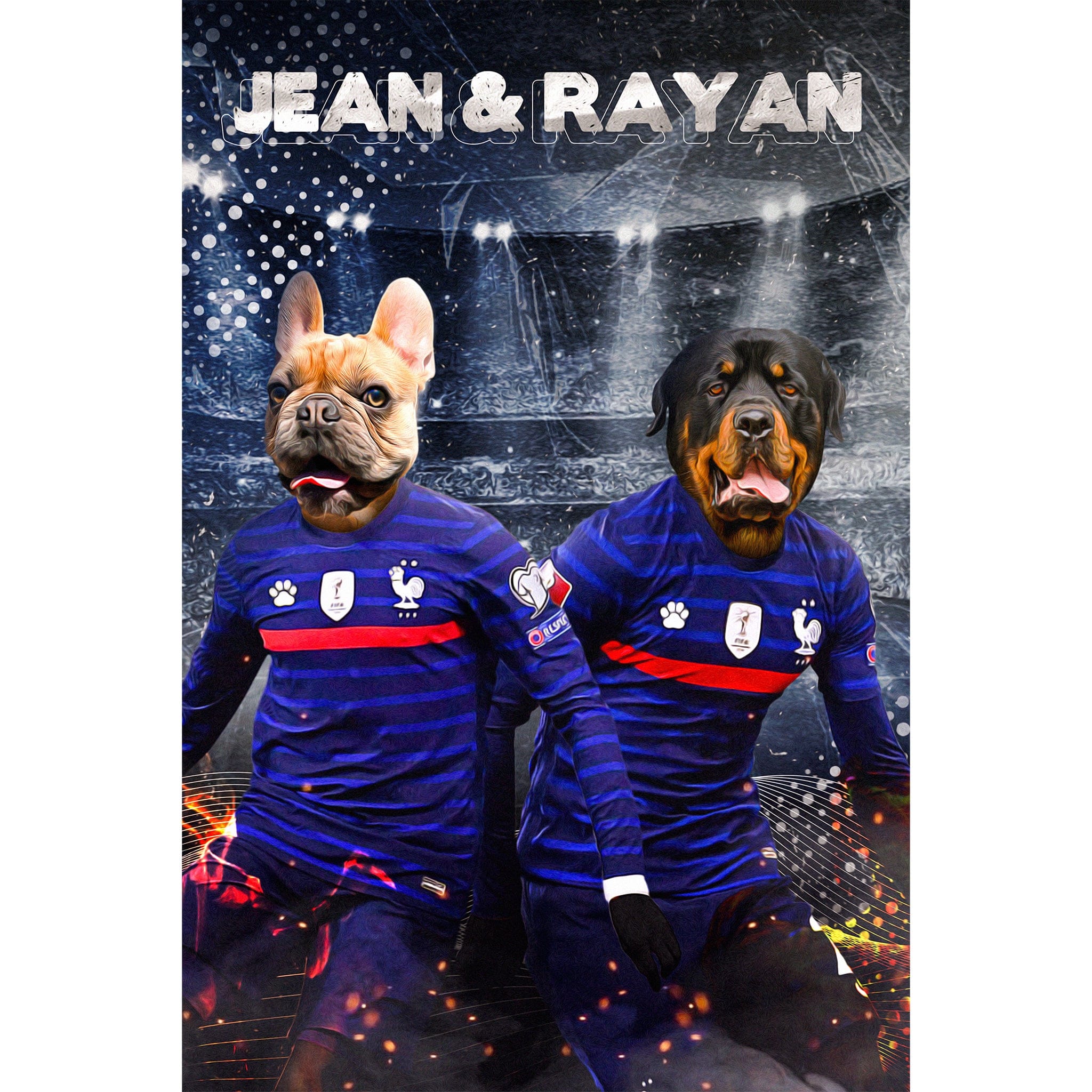 Custom digital portrait of a French Bulldog and Rottweiler in blue France soccer jerseys.