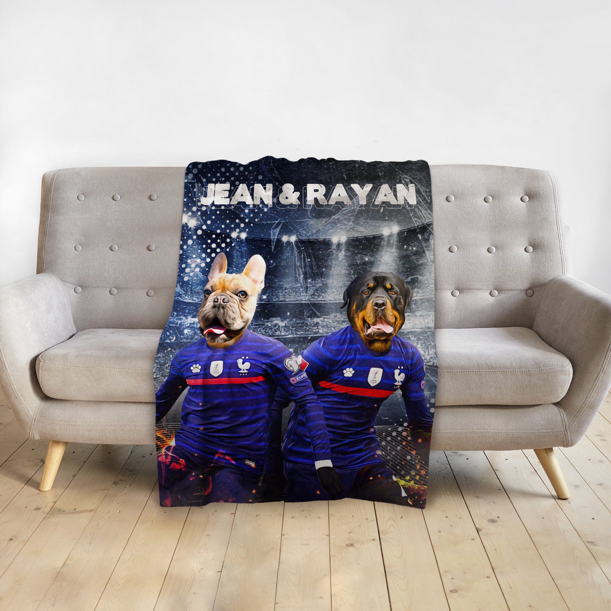 Personalized custom pet blanket with two dogs in French soccer uniforms, "Jean & Rayan" text.
