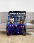 Personalized custom pet blanket with two dogs in French soccer uniforms, "Jean & Rayan" text.