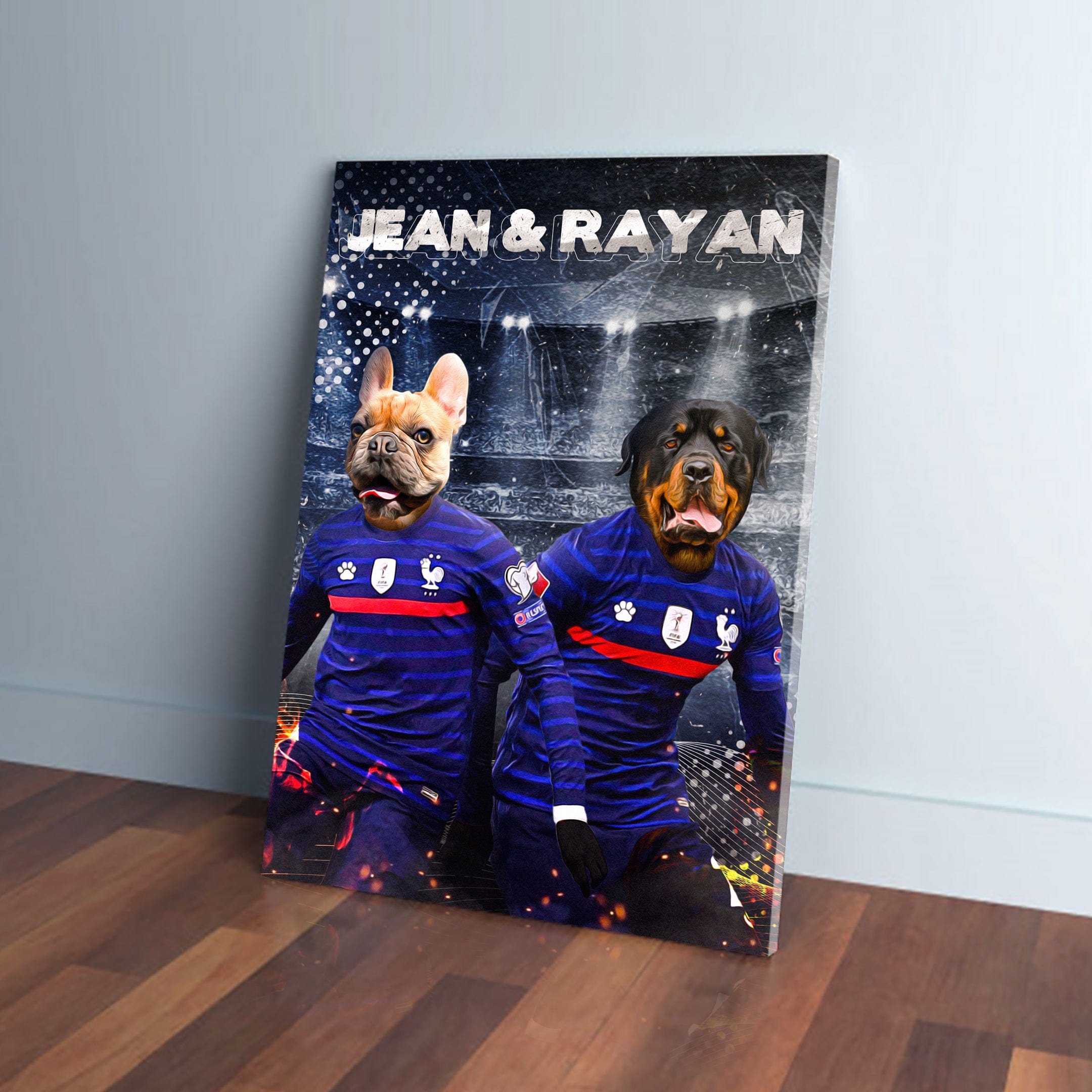 Custom canvas with a French Bulldog and Rottweiler in blue France soccer jerseys, named "Jean & Rayan.
