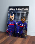Custom canvas with a French Bulldog and Rottweiler in blue France soccer jerseys, named "Jean & Rayan.
