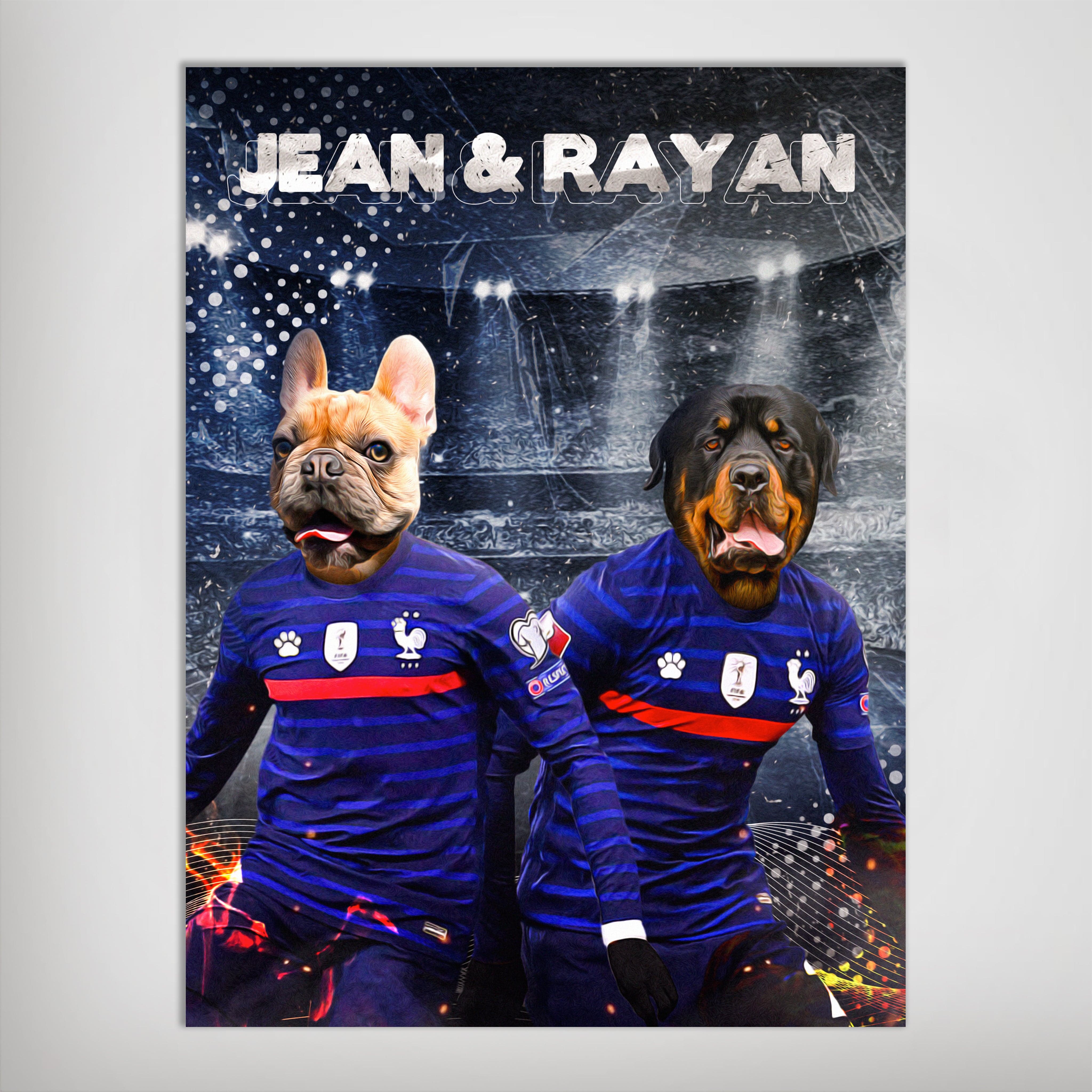 Personalized "France Doggos" poster featuring two pets with dog heads on bodies wearing blue French soccer jerseys.