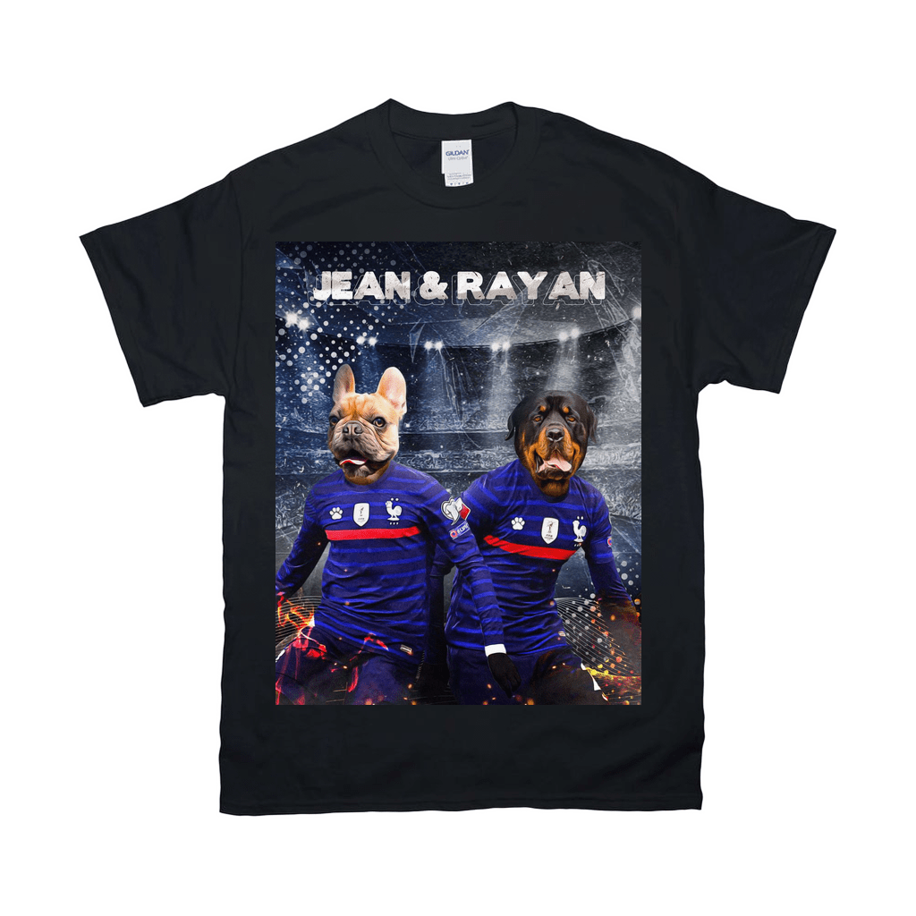 Black Gildan unisex t-shirt featuring a French Bulldog and Rottweiler in blue France soccer jerseys, with "JEAN & RAYAN" above.