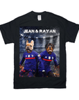 Black Gildan unisex t-shirt featuring a French Bulldog and Rottweiler in blue France soccer jerseys, with "JEAN & RAYAN" above.