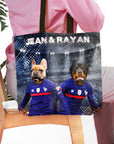 Personalized 2-pet tote bag featuring custom dog portraits of a French Bulldog and Rottweiler in blue soccer jerseys.