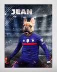 Personalized pet poster featuring a French Bulldog in a blue France soccer uniform on a stadium background.