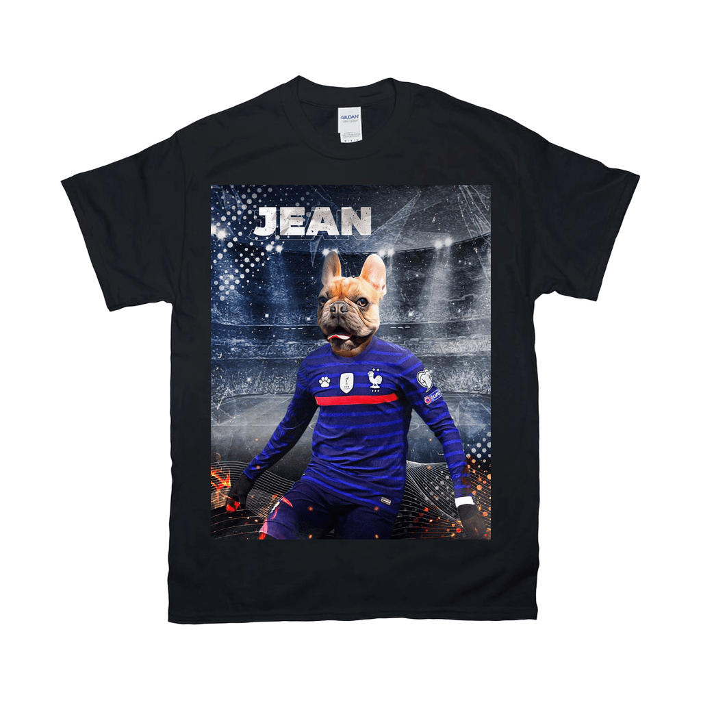 Black Gildan t-shirt with a French Bulldog in a blue soccer uniform, personalized with "JEAN".