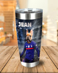 Personalized stainless steel tumbler with a French Bulldog in a blue soccer uniform, named "JEAN".