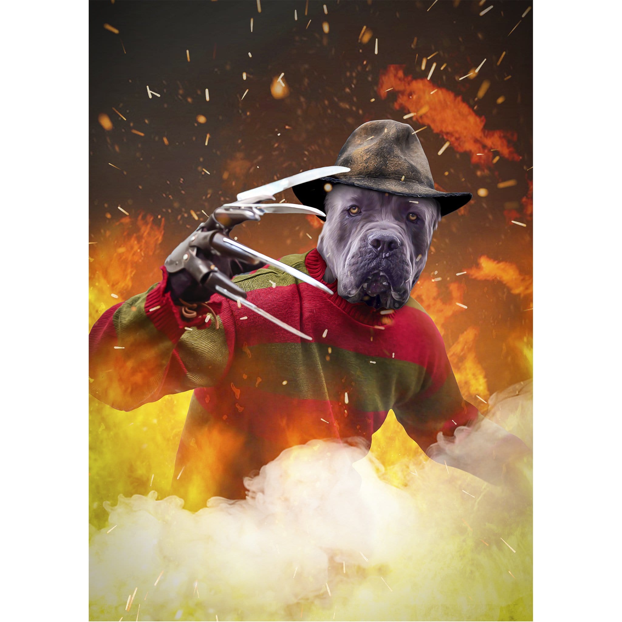 Custom digital portrait of a dog as Freddy Woofer, wearing a striped sweater and clawed glove, with fire.