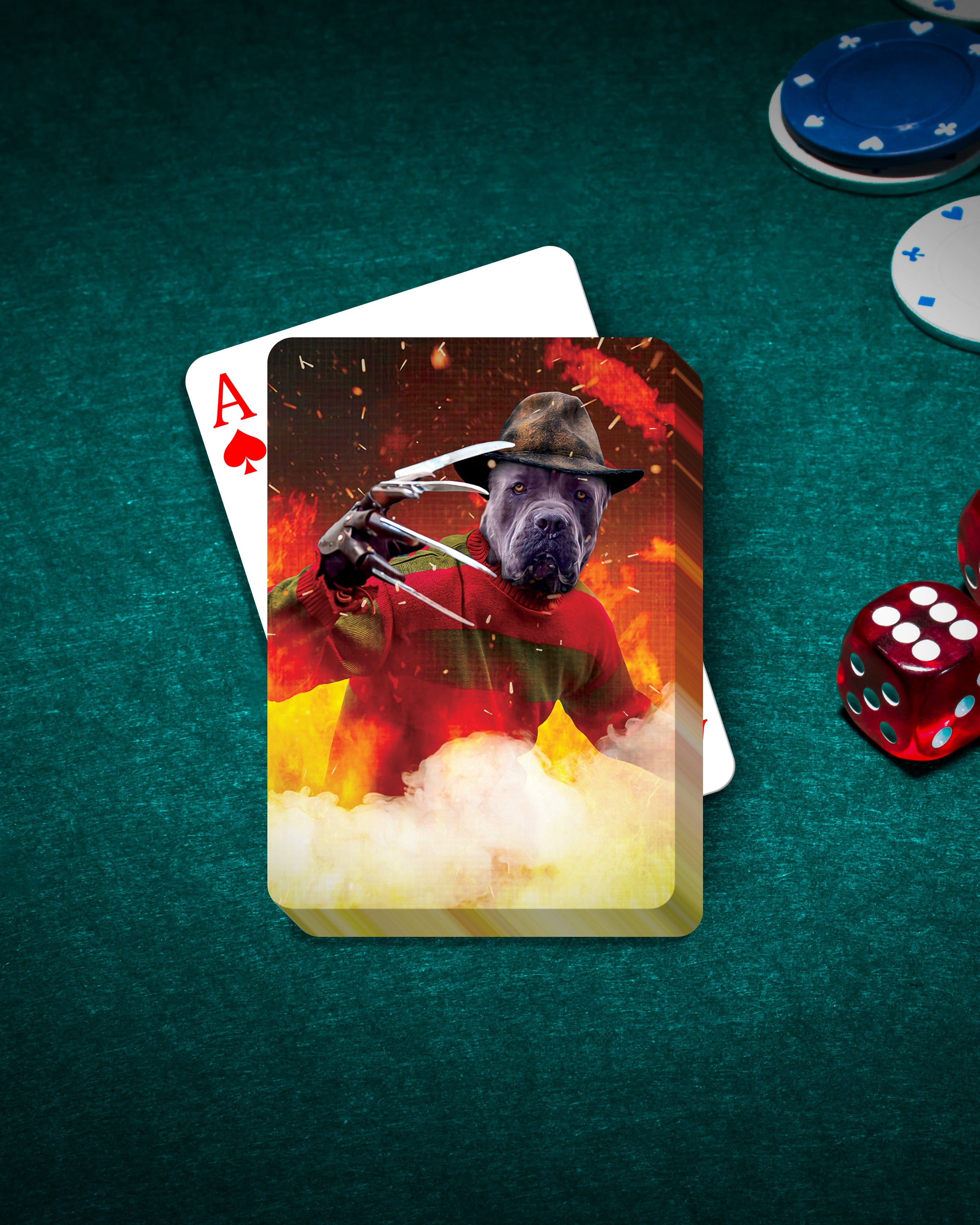 Personalized pet playing cards featuring a dog in a Freddy Krueger costume on a green felt table.