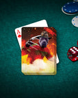 Personalized pet playing cards featuring a dog in a Freddy Krueger costume on a green felt table.