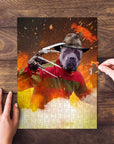 Personalized 'Freddy Woofer' pet puzzle featuring a dog in a horror movie costume.