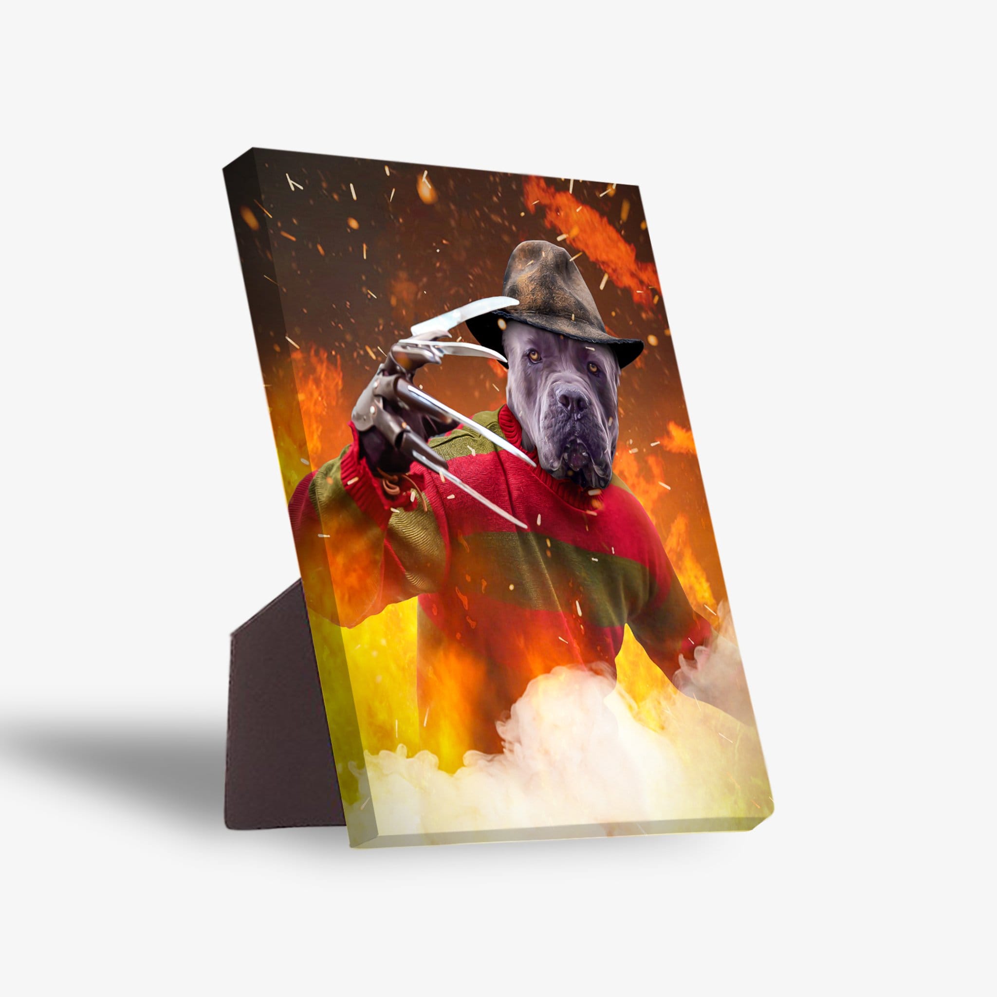 Personalized 'Freddy Woofer' pet standing canvas featuring a dog in a striped sweater and hat, against a fiery background.